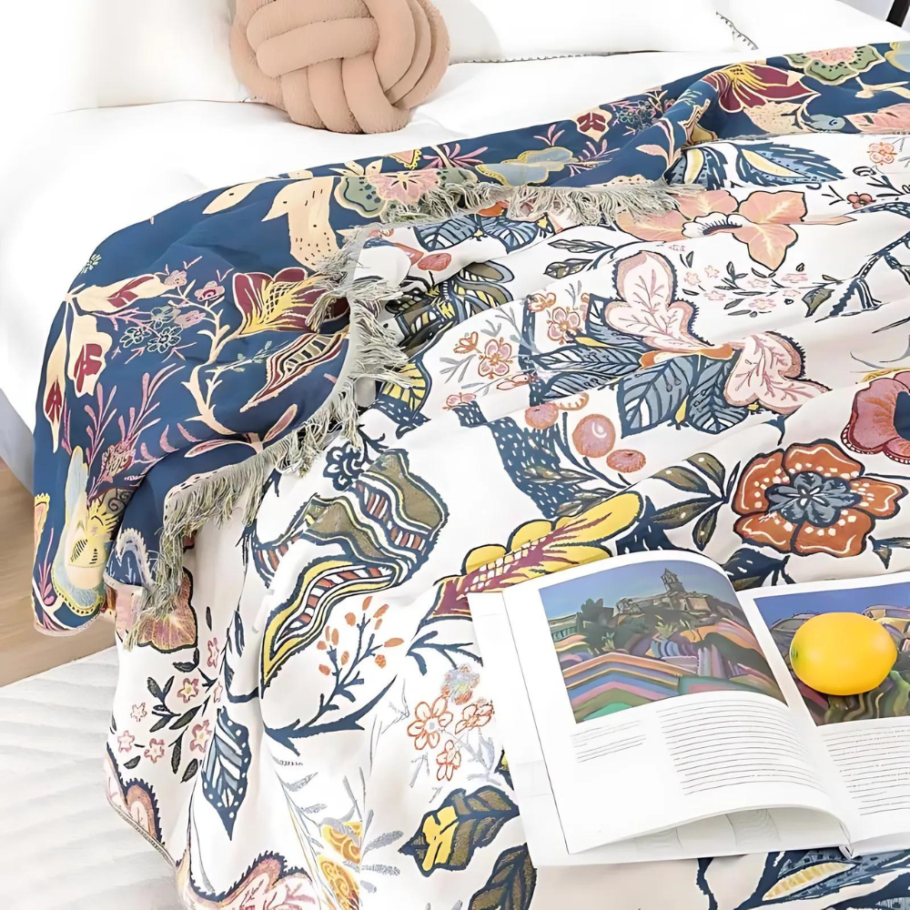 Veldry | Coperta in Cotone con Motivo Floreale Jacquard e Frange per Decorare il Soggiorno e la Camera da Letto