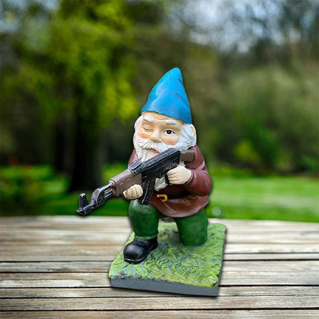 Statua di Gnomo da Giardino con Uniforme Militare e Fucile Giocattolo