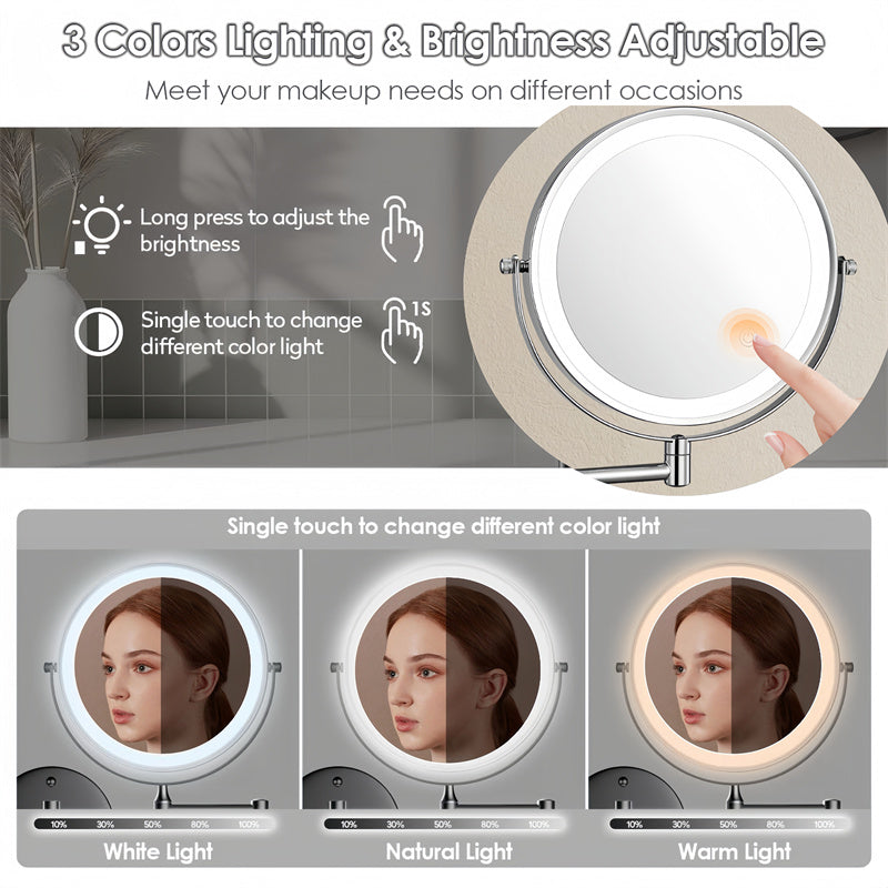 Specchio da barba a parete ricaricabile | Rotazione a 360°. Ingrandimento 1X/10X e illuminazione LED regolabile per l'uso in bagno