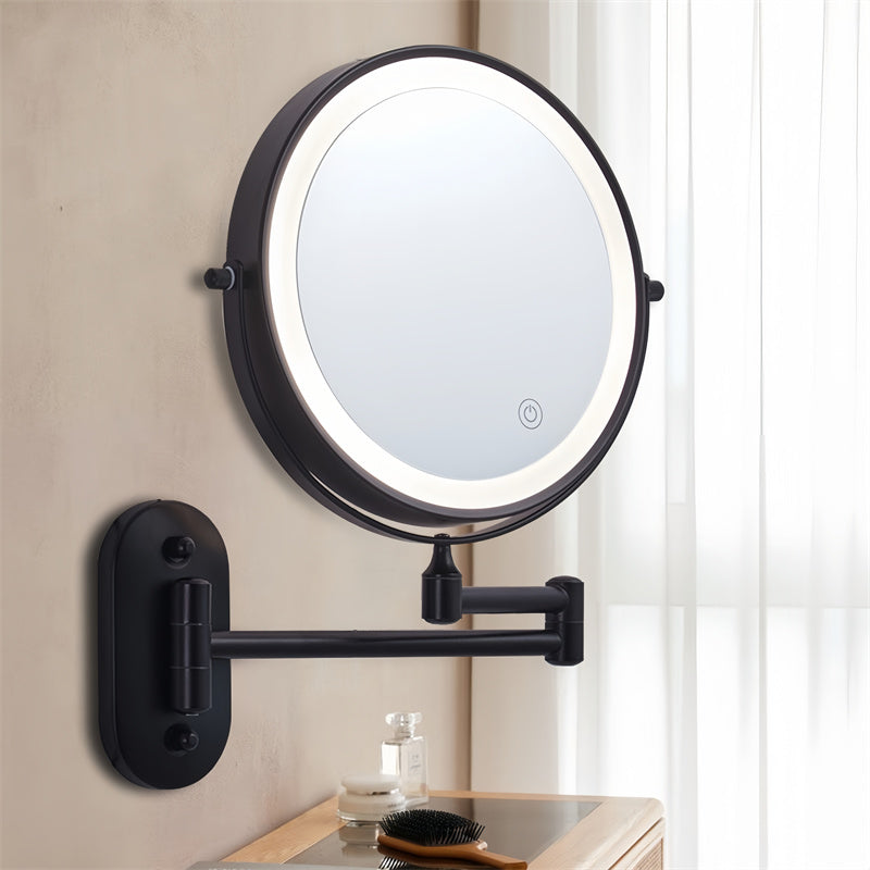 Specchio da Barba Ricaricabile da Parete | Rotazione a 360°. Ingrandimento 1X/10X e Illuminazione LED Regolabile per Uso in Bagno