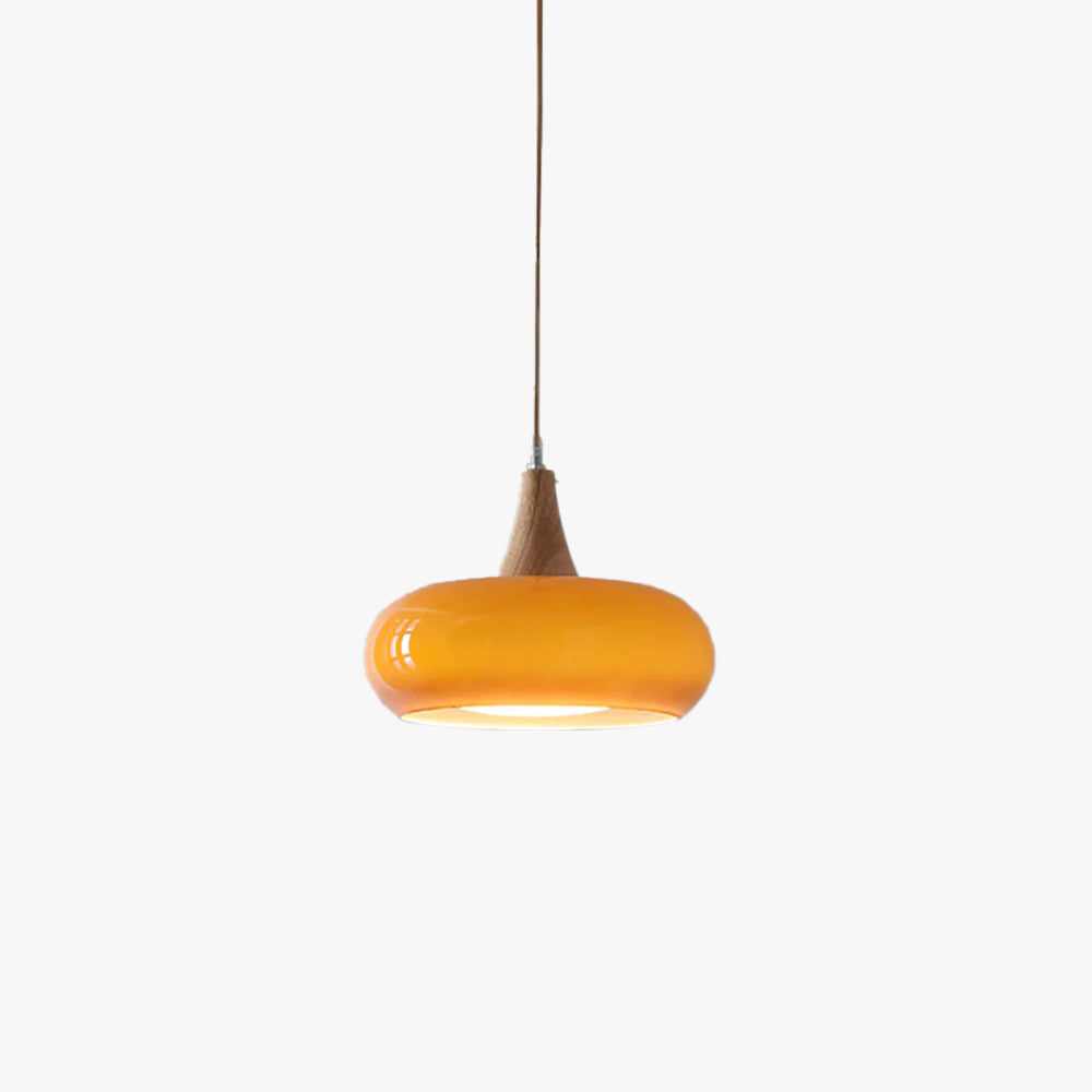 Elowara | Lampada a Sospensione in Vetro Ambra con Dettagli in Legno per Illuminazione Ambientale nella Sala da Pranzo