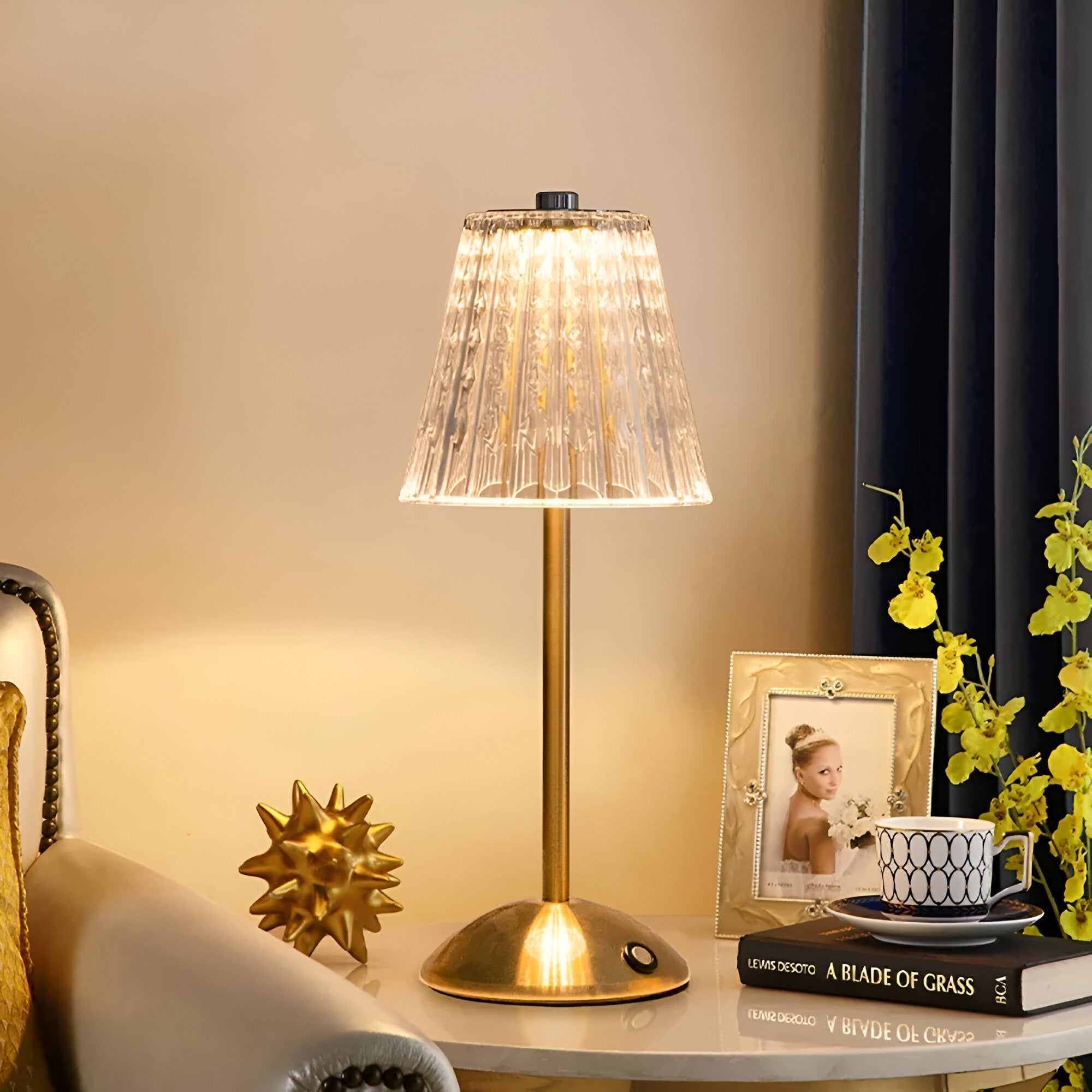 Lampada da Tavolo LED Senza Fili con Ombrello Trasparente Texturizzato e Supporto in Metallo