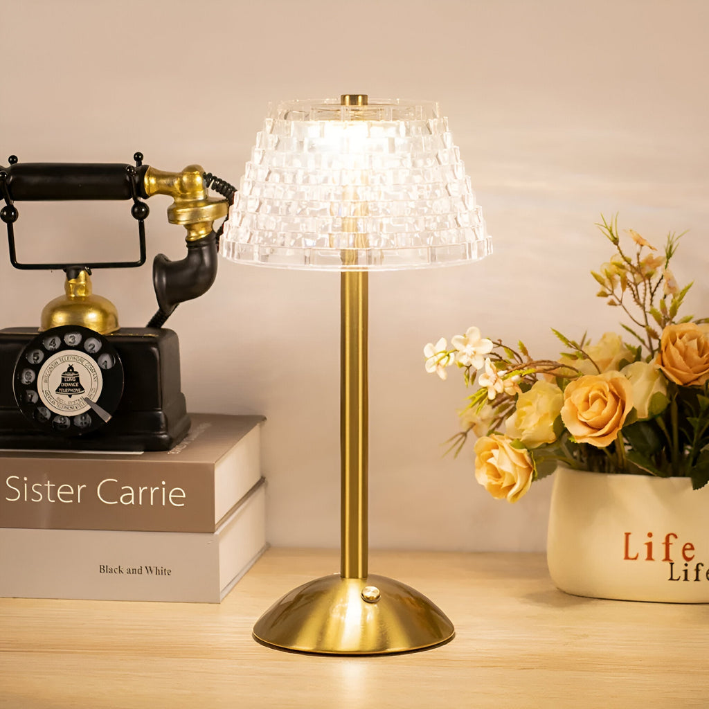 Lampada da Tavolo LED Senza Fili con Ombrello Trasparente Texturizzato e Supporto in Metallo
