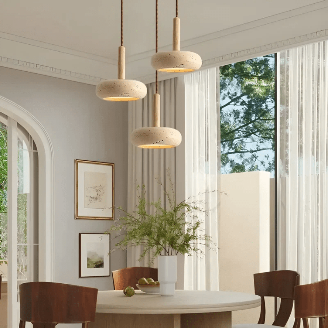 Skanto | Lampada da soffitto retro LED realizzata in legno e pietra per un'atmosfera rilassante
