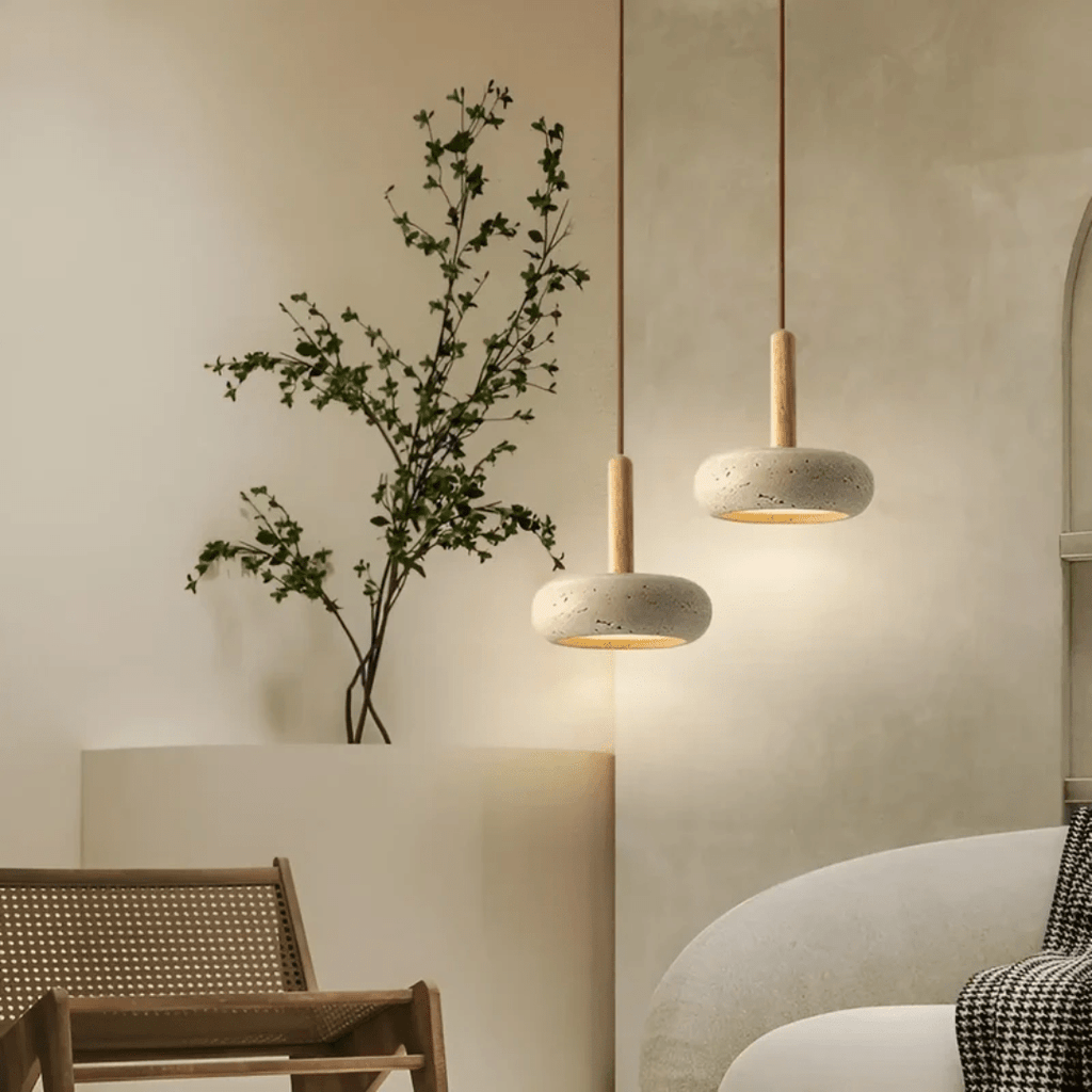 Skanto | Lampada da soffitto retro LED realizzata in legno e pietra per un'atmosfera rilassante