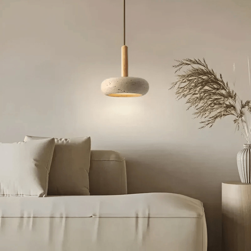 Skanto | Lampada da soffitto retro LED realizzata in legno e pietra per un'atmosfera rilassante