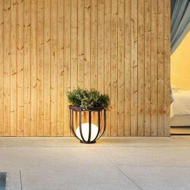 Tavolo Lampada da Esterno Rotondo con Vaso e Struttura in Metallo