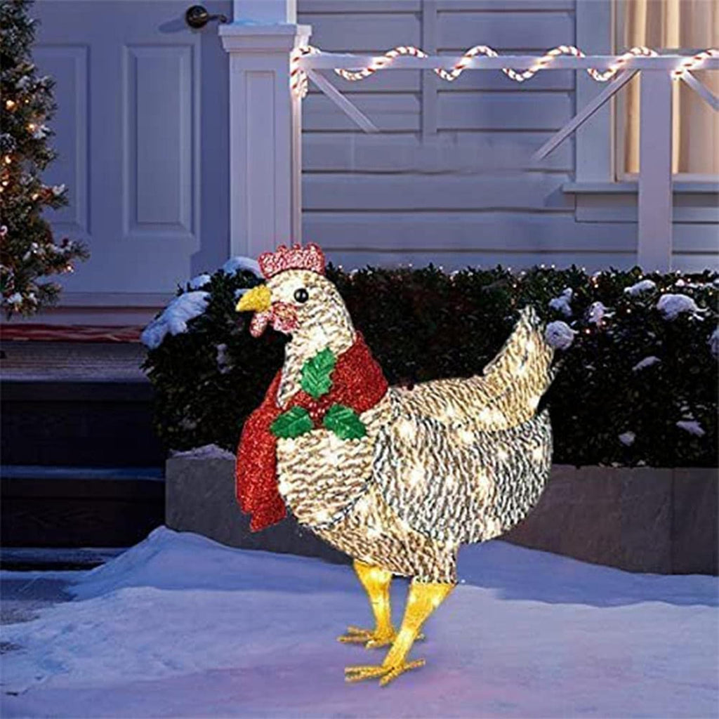 Decorazione da giardino illuminata a forma di pollo con sciarpa – acrilico e metallo resistenti, 20 LED bianchi caldi per uso interno ed esterno