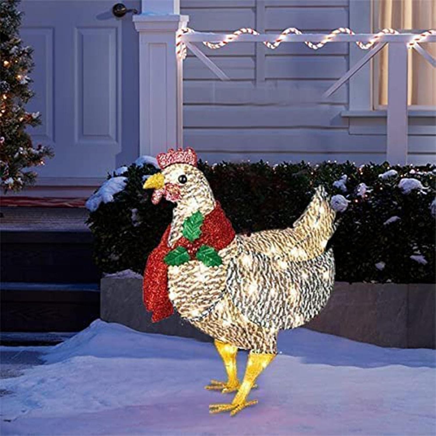 Decorazione da giardino illuminata a forma di pollo con sciarpa – acrilico e metallo resistenti, 20 LED bianchi caldi per uso interno ed esterno