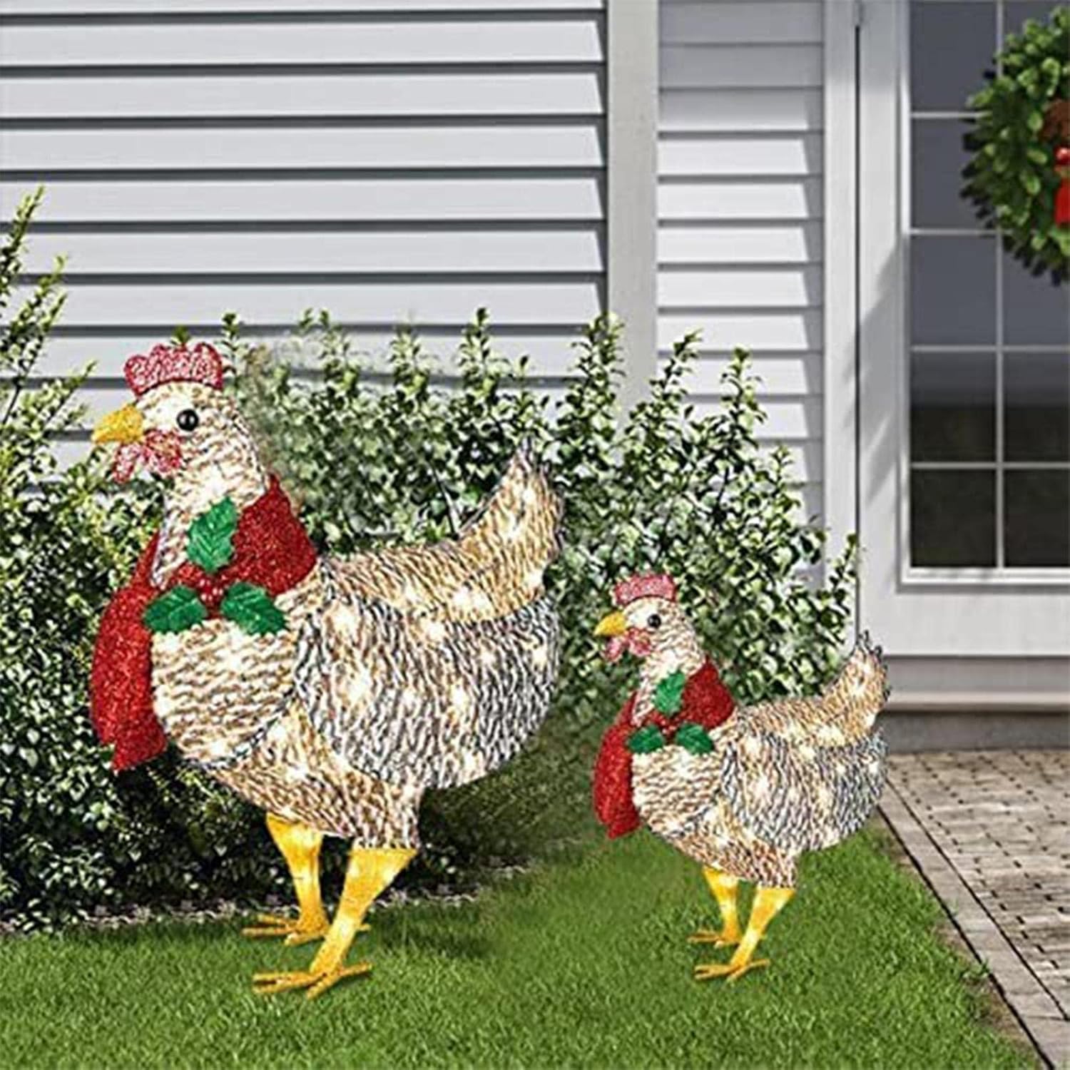 Decorazione da giardino illuminata a forma di pollo con sciarpa – acrilico e metallo resistenti, 20 LED bianchi caldi per uso interno ed esterno