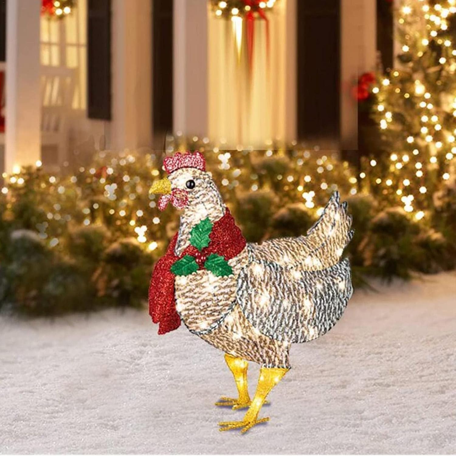 Decorazione da giardino illuminata a forma di pollo con sciarpa – acrilico e metallo resistenti, 20 LED bianchi caldi per uso interno ed esterno