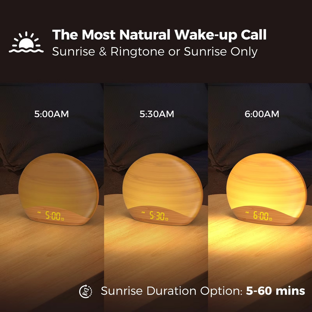 Skanto | Sveglia Luce del Mattino con 8 Colori, 26 Suoni del Sonno e Design in Legno