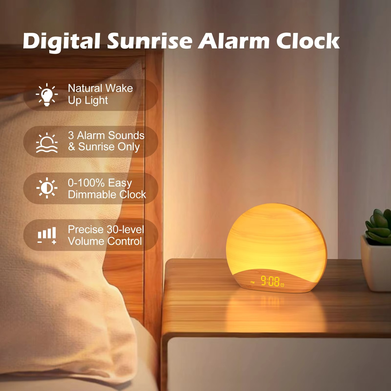 Skanto | Sveglia Luce del Mattino con 8 Colori, 26 Suoni del Sonno e Design in Legno