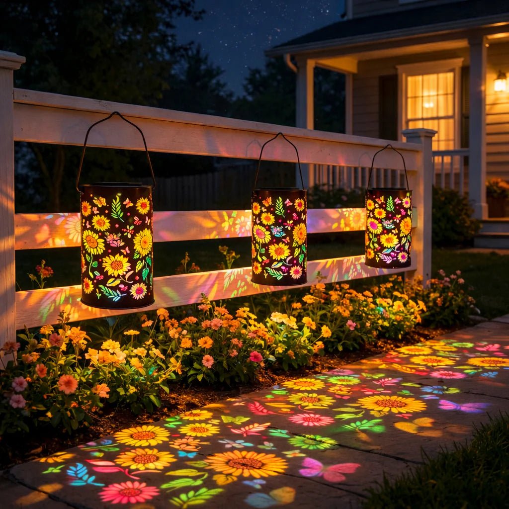 Lanterna da Giardino Solare in Metallo | Proiezione di Fiori | Sensore Crepuscolare Automatico | LumaBloom