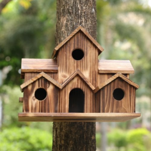 SongbirdHaven Casetta per Uccelli in Legno Fatta a Mano con 6 Ingressi per il Tuo Giardino