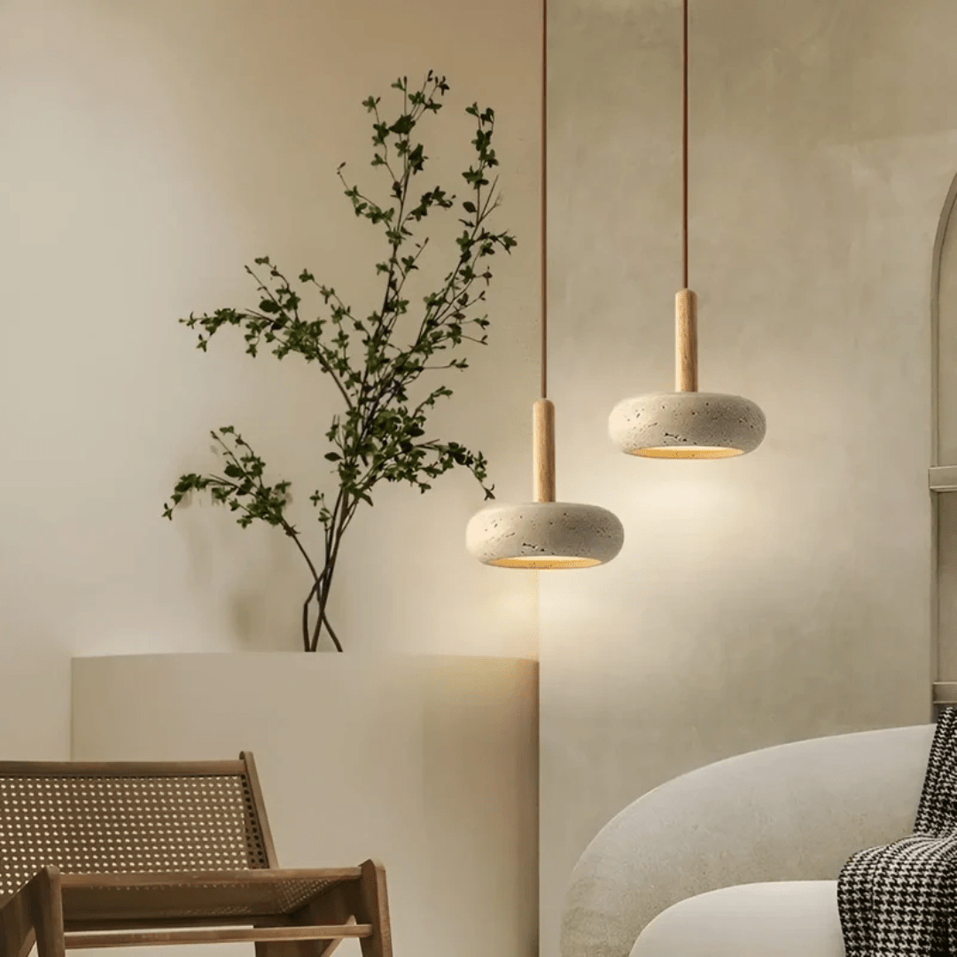 Lampada a soffitto retro LED realizzata in pietra e legno