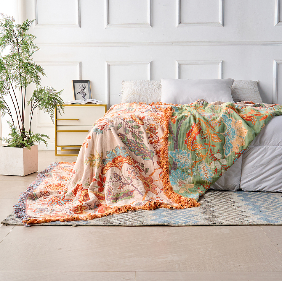 Talira | Coperta in Cotone Boho con Motivo Floreale e Design con Frange Decorative
