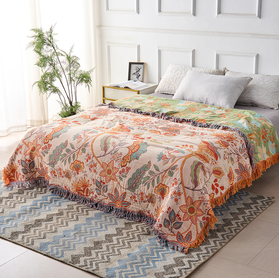 Talira | Coperta in Cotone Boho con Motivo Floreale e Design con Frange Decorative