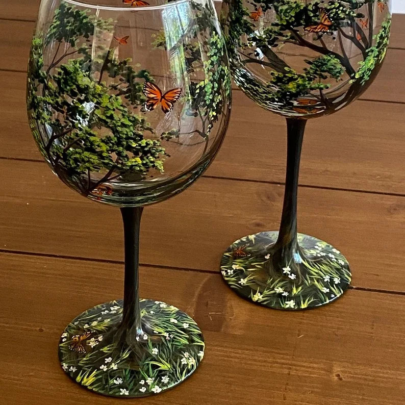 Bicchieri da Vino Albero delle Quattro Stagioni Dipinti a Mano Arte Unica