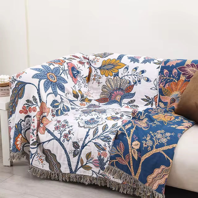 Veldry | Coperta in Cotone con Motivo Floreale Jacquard e Frange per Decorare il Soggiorno e la Camera da Letto