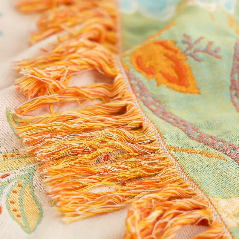 Talira | Coperta in Cotone Boho con Motivo Floreale e Design con Frange Decorative