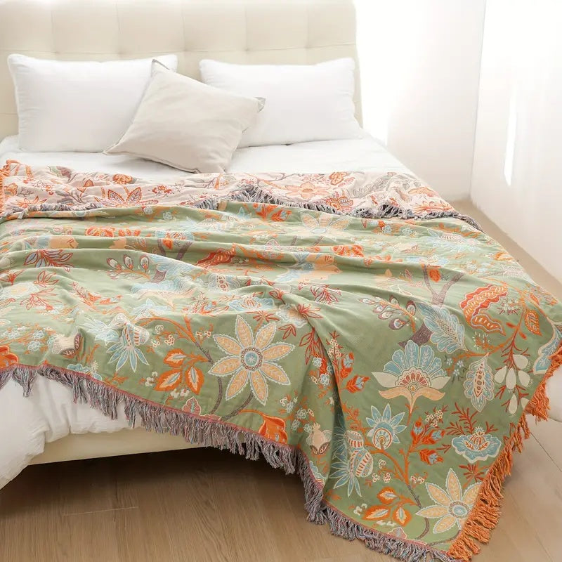 Talira | Coperta in Cotone Boho con Motivo Floreale e Design con Frange Decorative