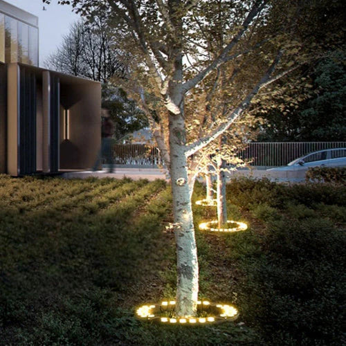 Valeris | Illuminazione LED per alberi con design a anello a terra da 360° e grado di protezione IP65 per giardini e paesaggi