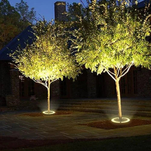 Valeris | Illuminazione LED per alberi con design a anello a terra da 360° e grado di protezione IP65 per giardini e paesaggi