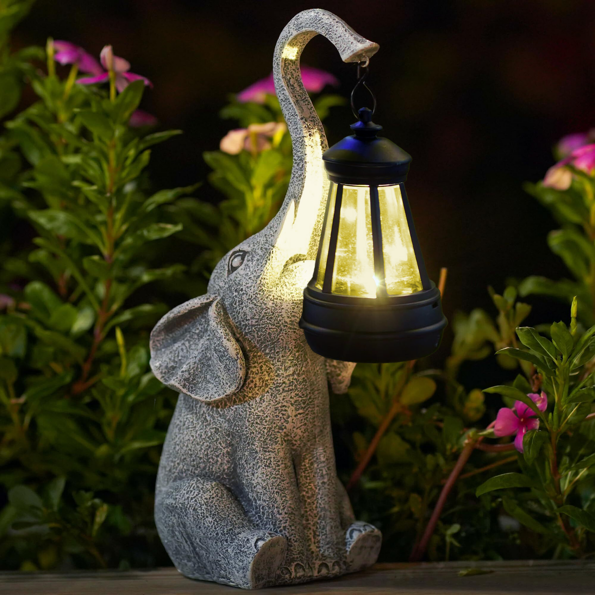 Lampada da Giardino Solare a Forma di Elefante con Effetto Pietra e Lanterna