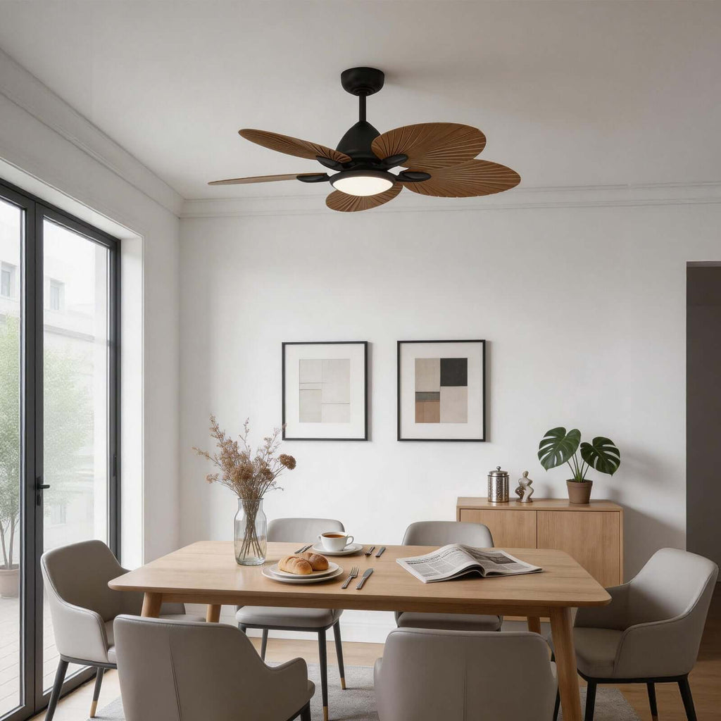 Saviu | Ventilatore da soffitto nero da 130 cm con paralume color caffè, 5 pale e LED a spettro completo, telecomando