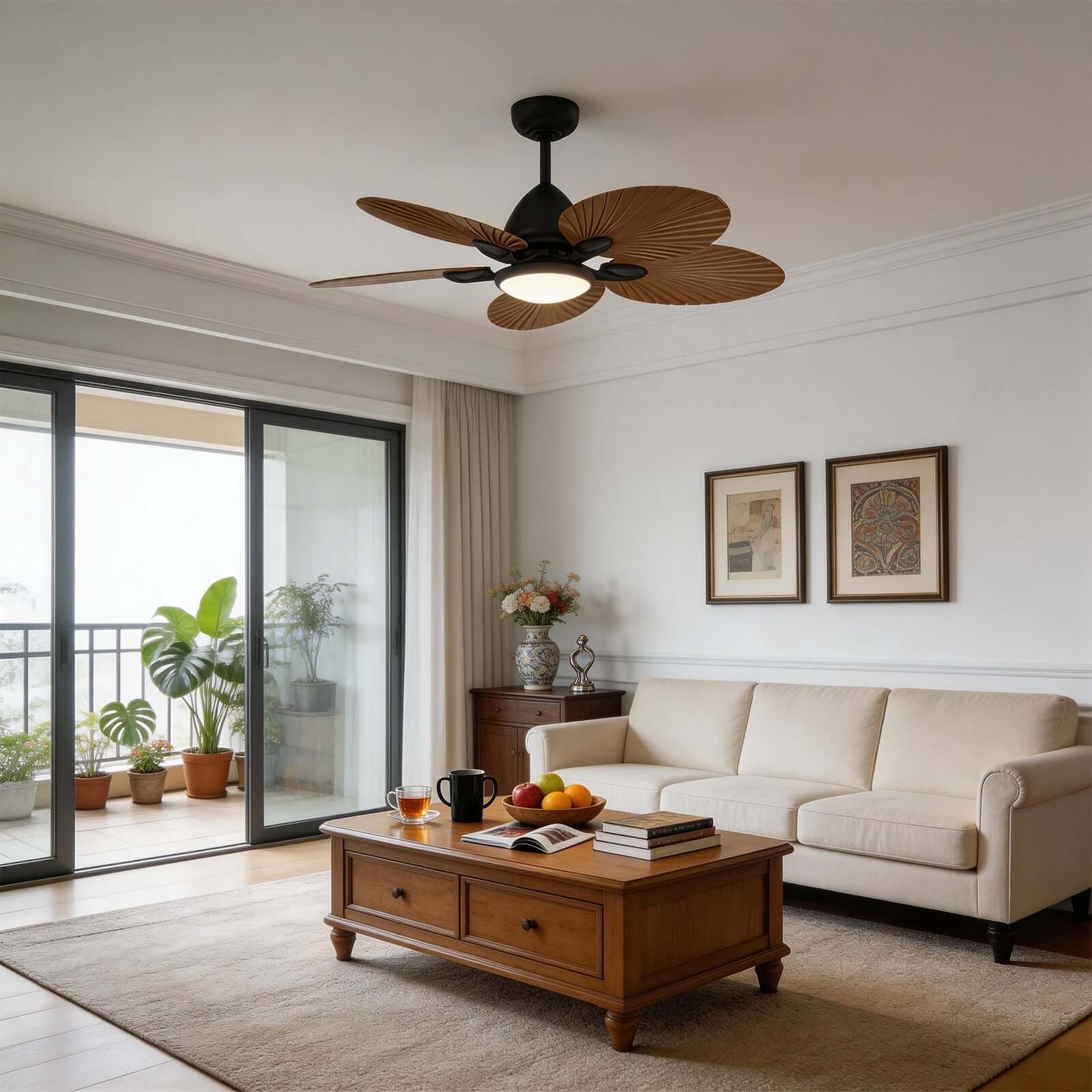 Saviu | Ventilatore da soffitto nero da 130 cm con paralume color caffè, 5 pale e LED a spettro completo, telecomando