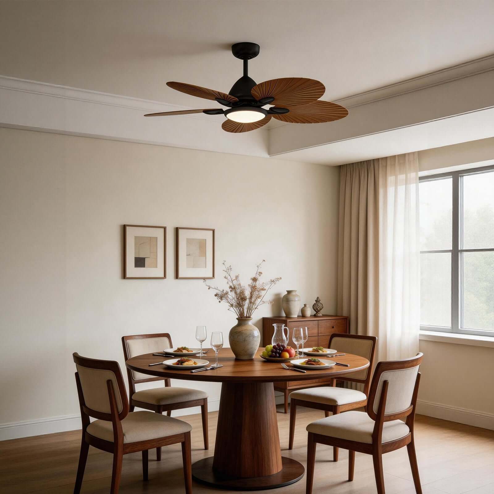 Saviu | Ventilatore da soffitto nero da 130 cm con paralume color caffè, 5 pale e LED a spettro completo, telecomando