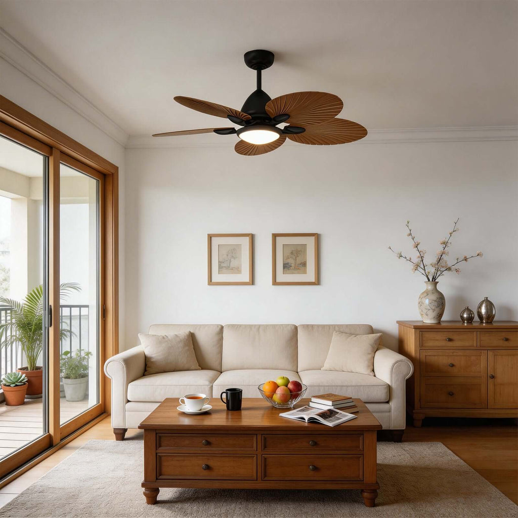 Saviu | Ventilatore da soffitto nero da 130 cm con paralume color caffè, 5 pale e LED a spettro completo, telecomando
