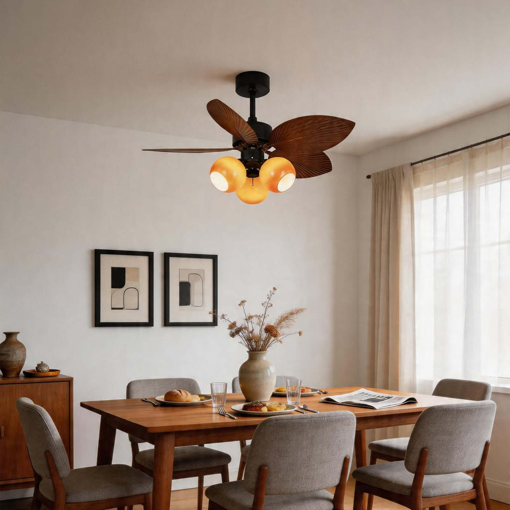 Rumae | Ventilatore da soffitto da 107 cm con paralume caramello a tre luci e LED a spettro completo, telecomando
