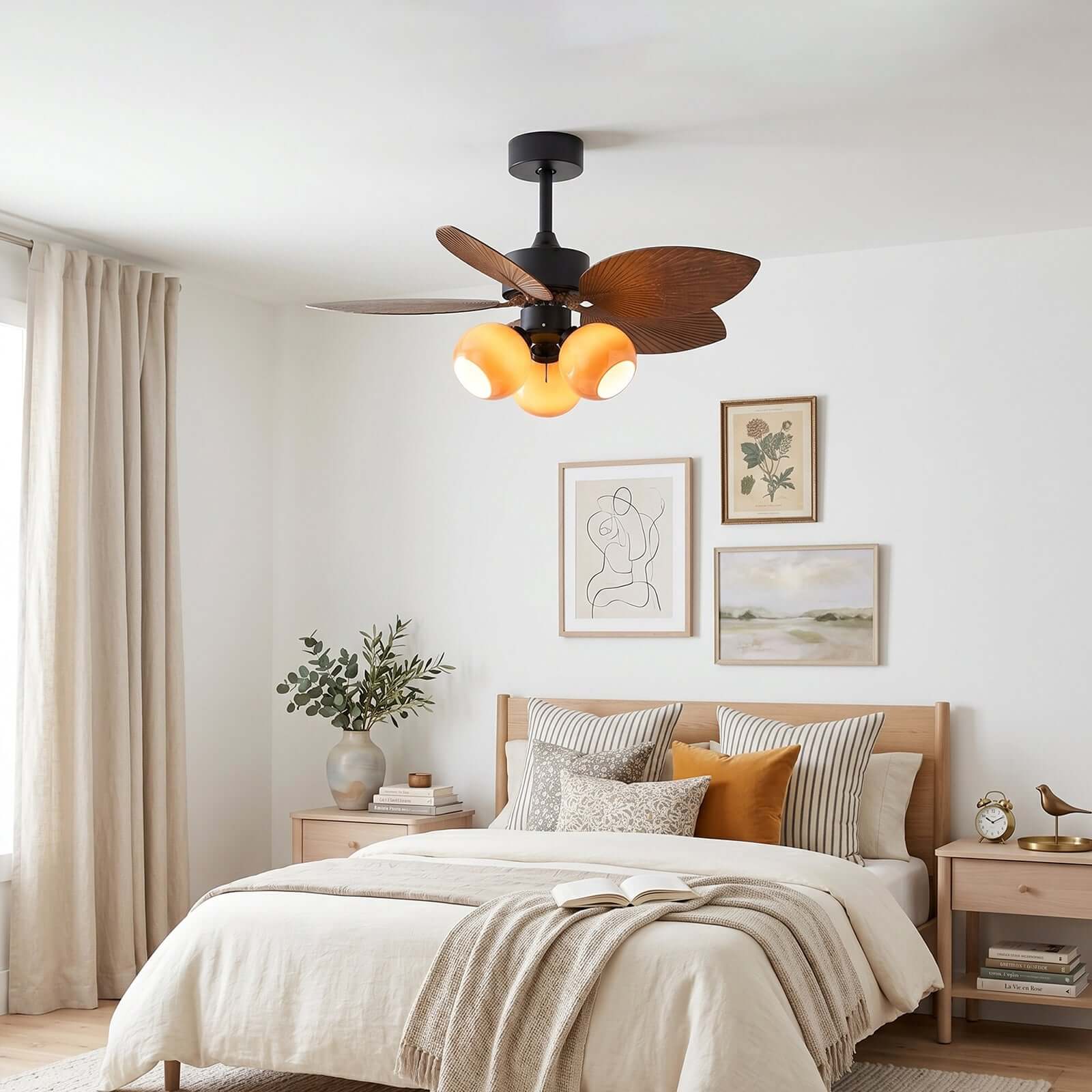 Rumae | Ventilatore da soffitto da 107 cm con paralume caramello a tre luci e LED a spettro completo, telecomando