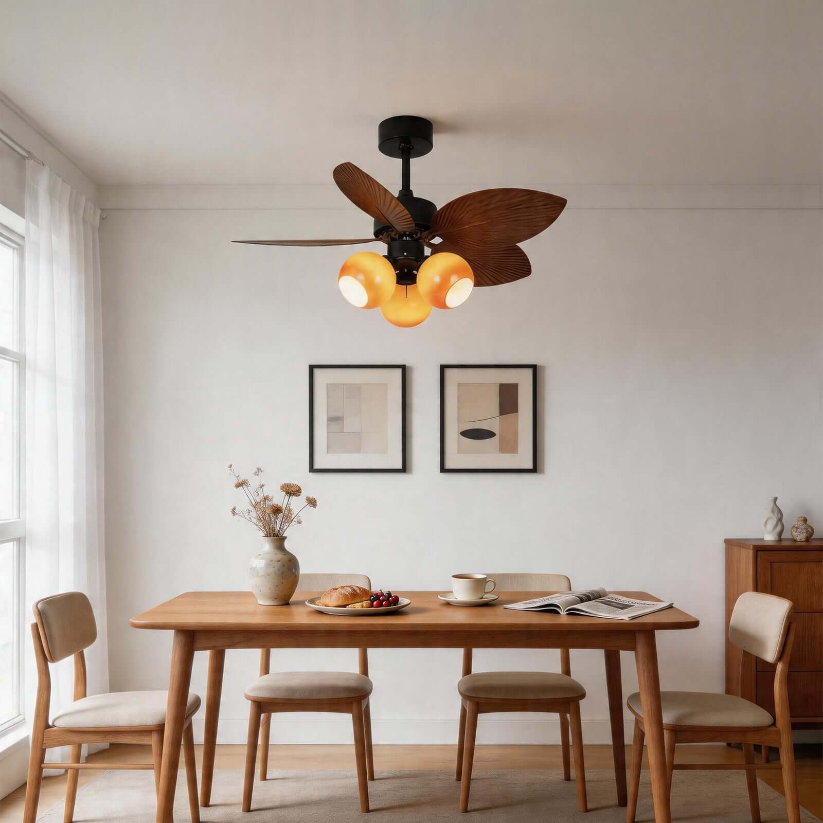 Rumae | Ventilatore da soffitto da 107 cm con paralume caramello a tre luci e LED a spettro completo, telecomando